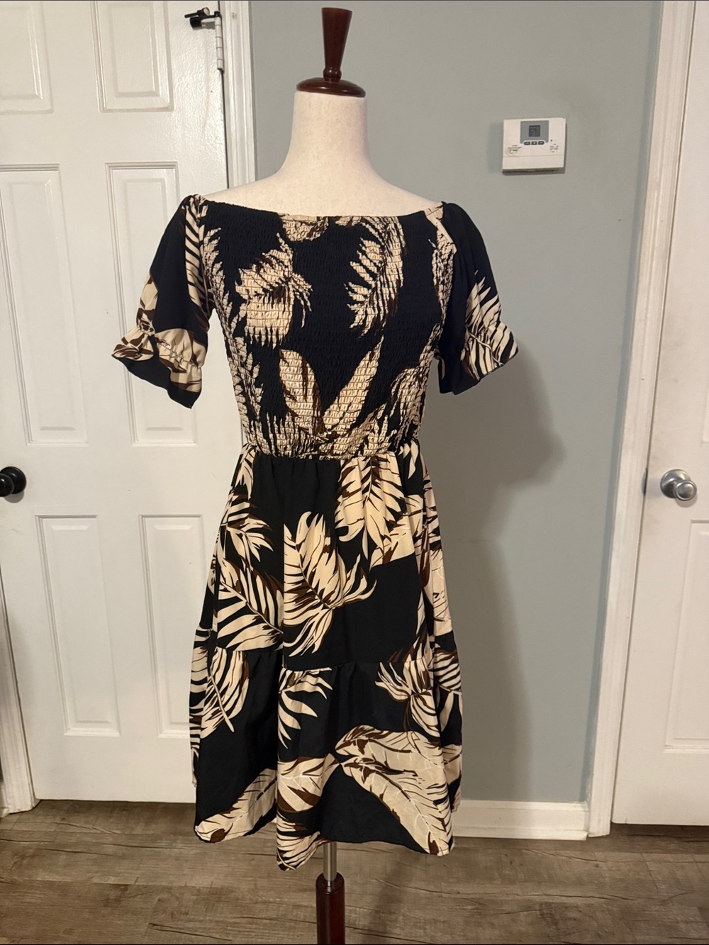 SHEIN Black & Cream Tropical Print Smocked Midi Dress